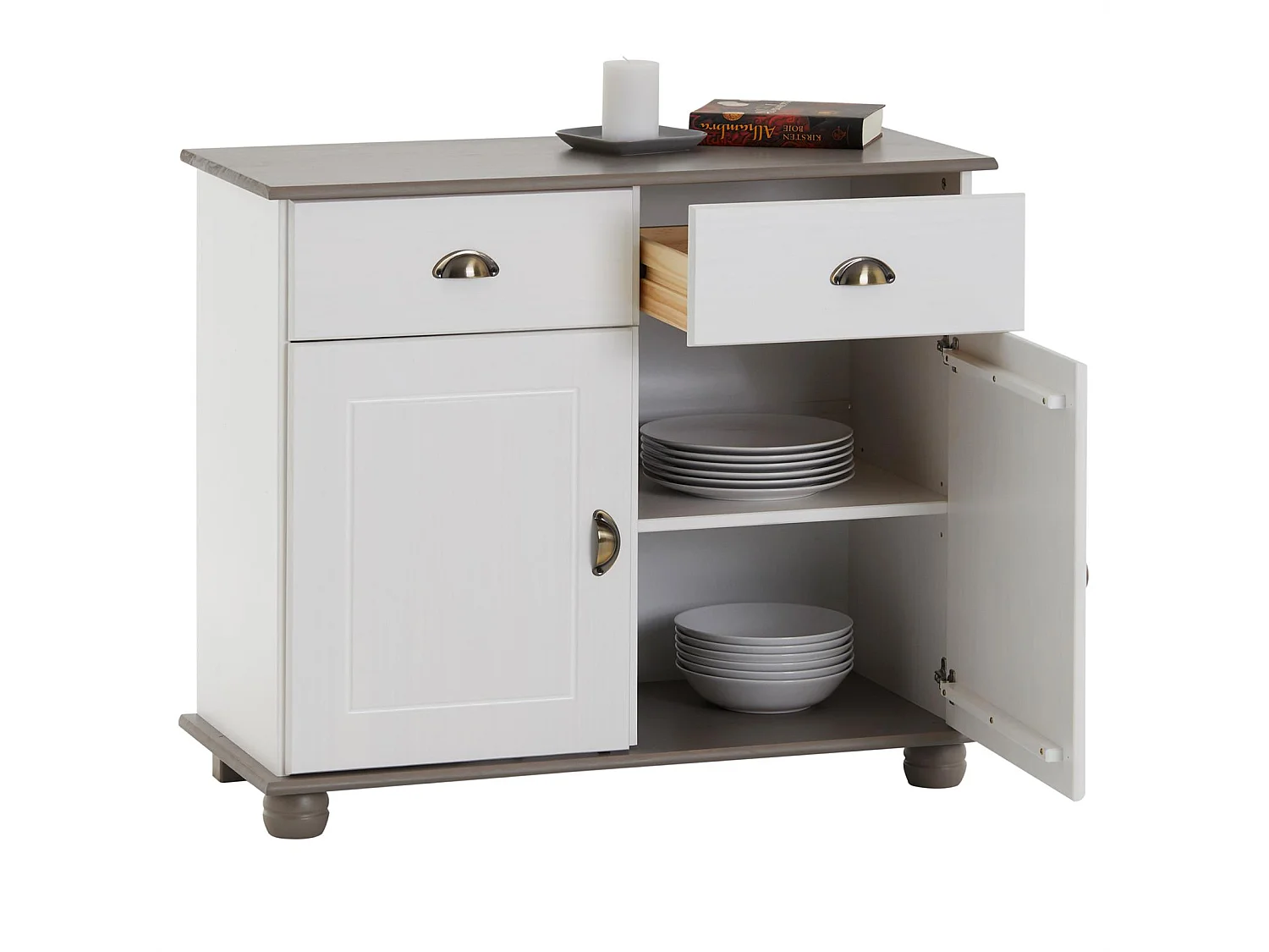 Buffet COLMAR commode bahut vaisselier meuble bas rangement avec 2 tiroirs et 2 portes, en pin massif lasuré blanc et taupe