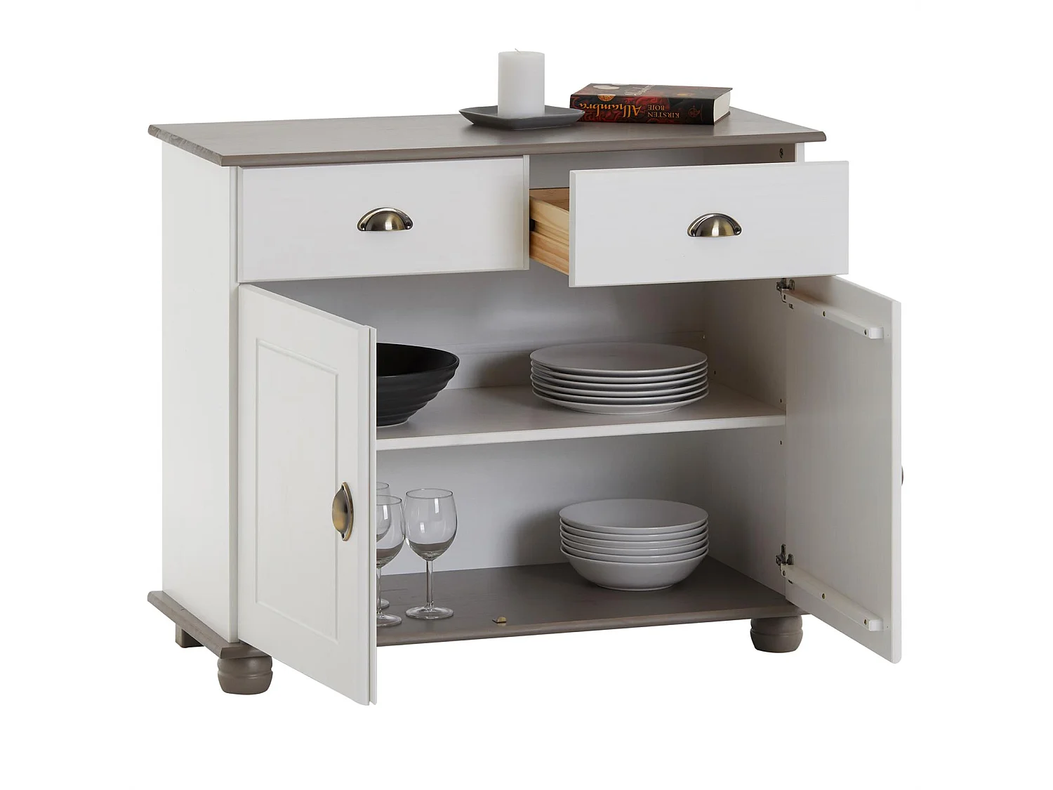 Buffet COLMAR commode bahut vaisselier meuble bas rangement avec 2 tiroirs et 2 portes, en pin massif lasuré blanc et taupe