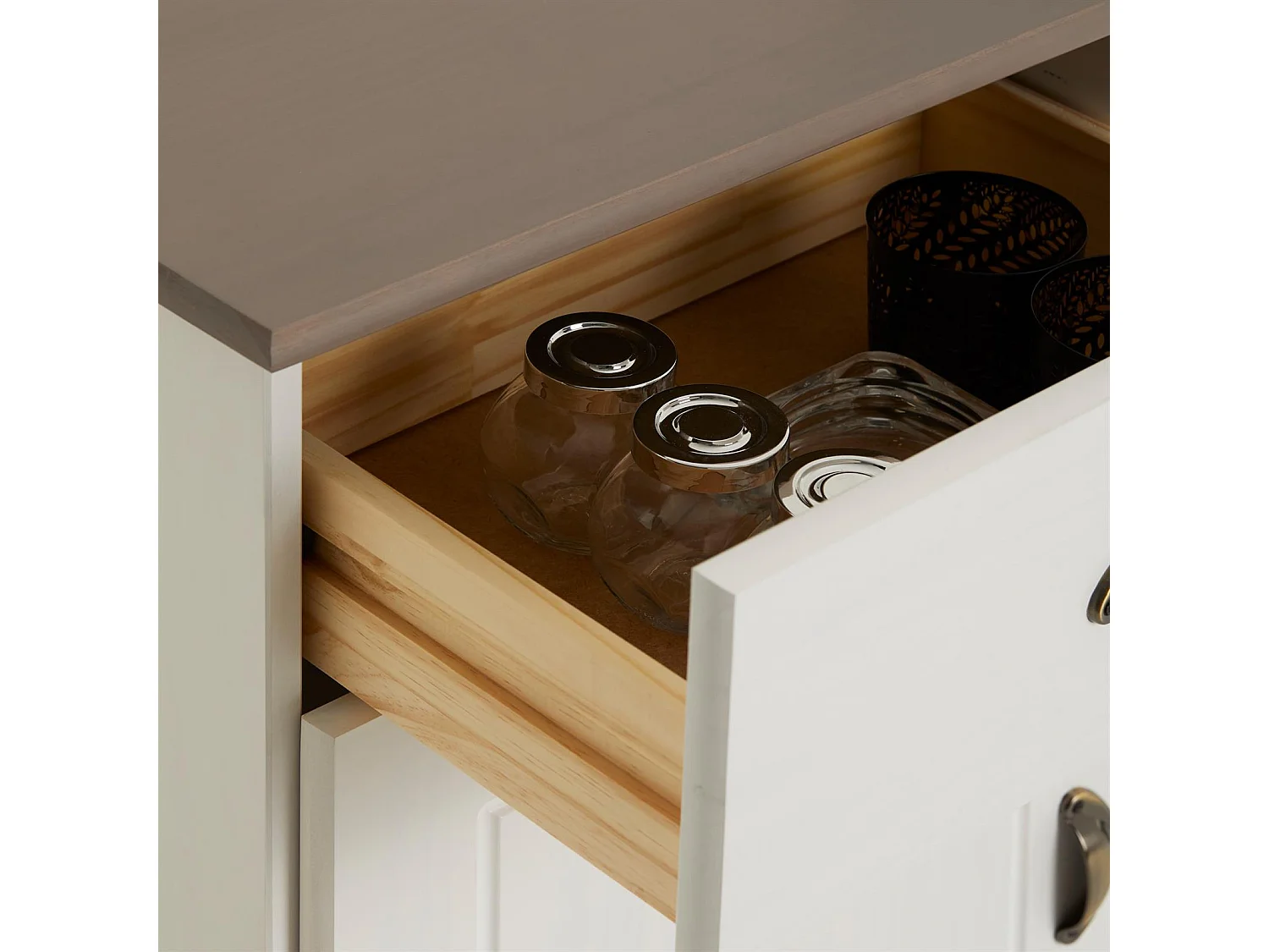 Buffet COLMAR commode bahut vaisselier meuble bas rangement avec 2 tiroirs et 2 portes, en pin massif lasuré blanc et taupe