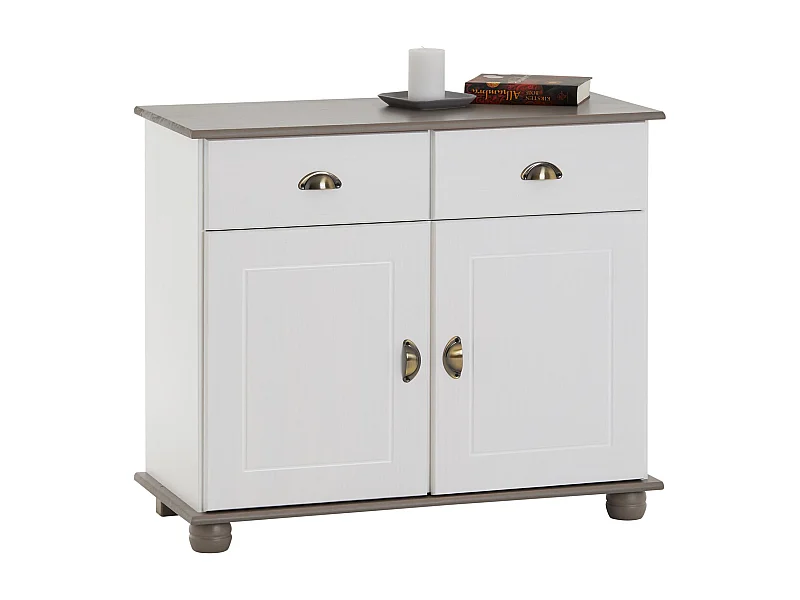 Buffet COLMAR commode bahut vaisselier meuble bas rangement avec 2 tiroirs et 2 portes, en pin massif lasuré blanc et taupe