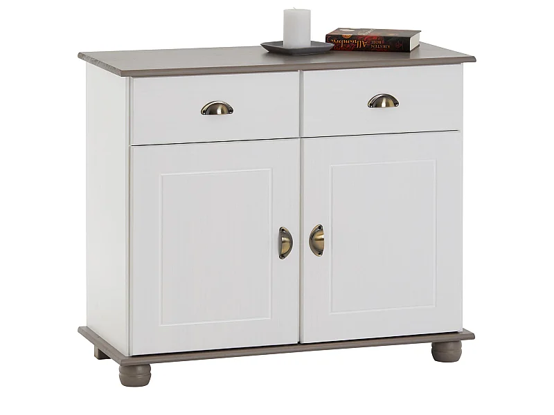 Buffet COLMAR commode bahut vaisselier meuble bas rangement avec 2 tiroirs et 2 portes, en pin massif lasuré blanc et taupe