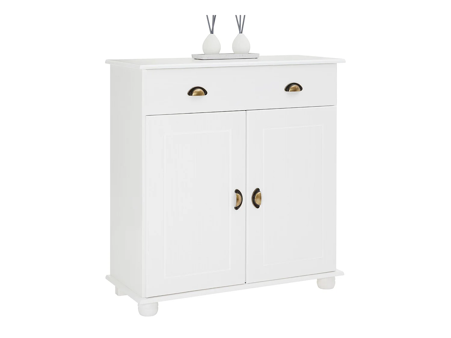 Buffet COLMAR commode bahut vaisselier meuble bas rangement avec 1 tiroir et 2 portes, en pin massif lasuré blanc