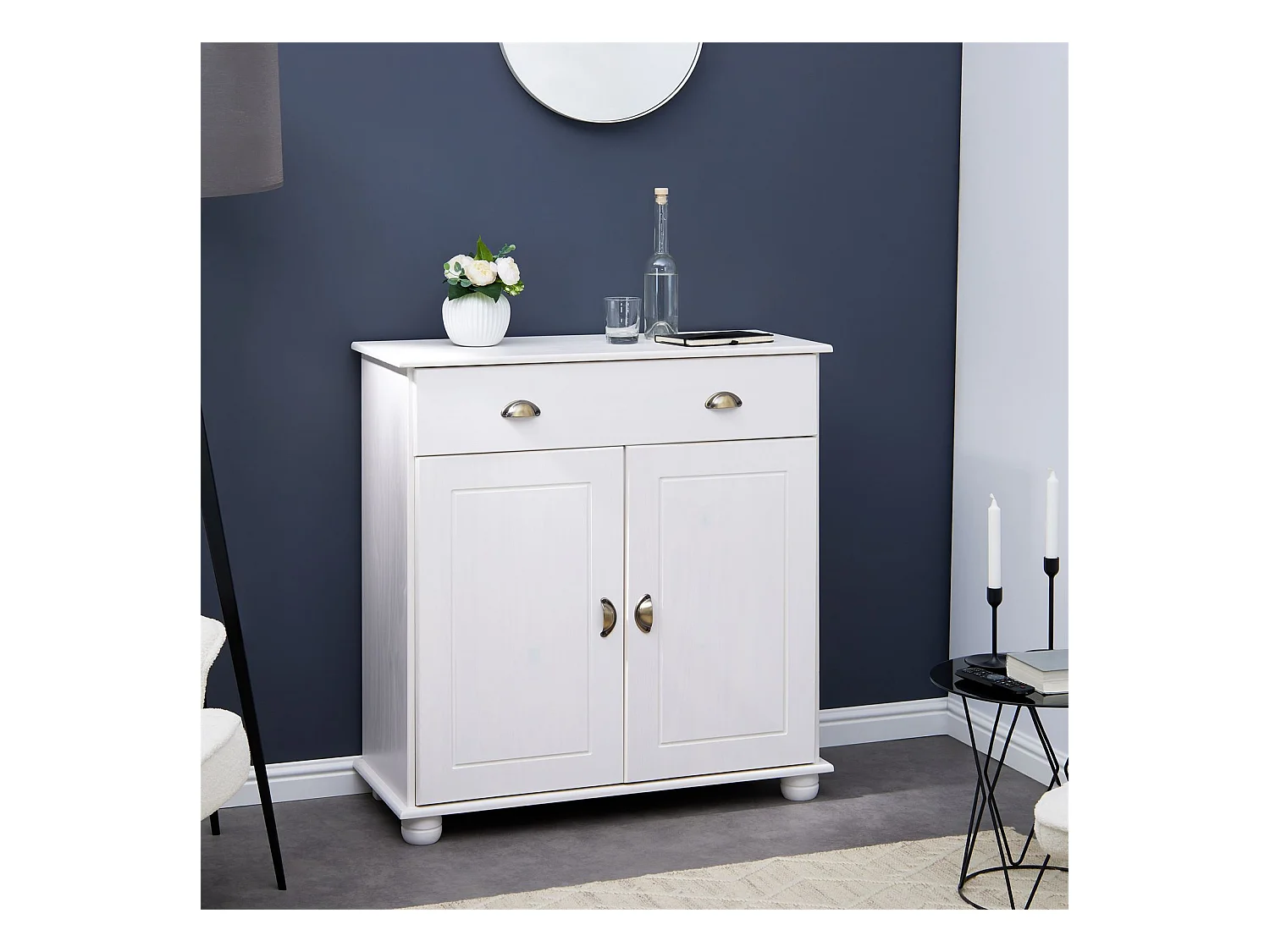 Buffet COLMAR commode bahut vaisselier meuble bas rangement avec 1 tiroir et 2 portes, en pin massif lasuré blanc