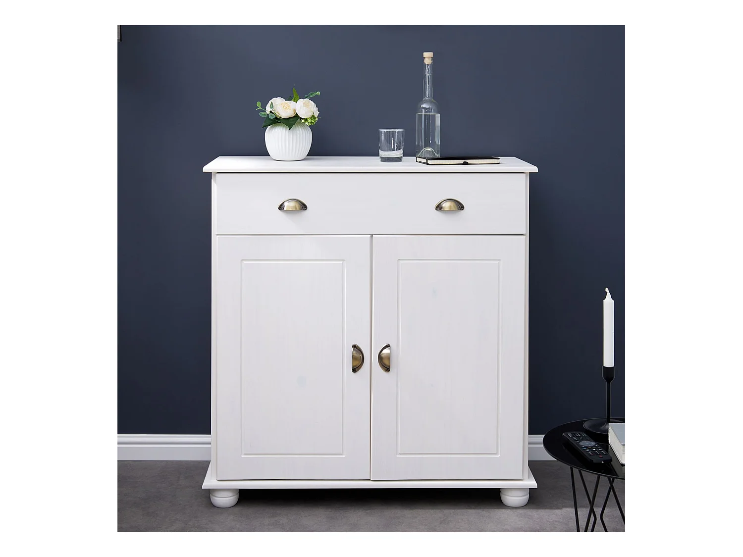 Buffet COLMAR commode bahut vaisselier meuble bas rangement avec 1 tiroir et 2 portes, en pin massif lasuré blanc
