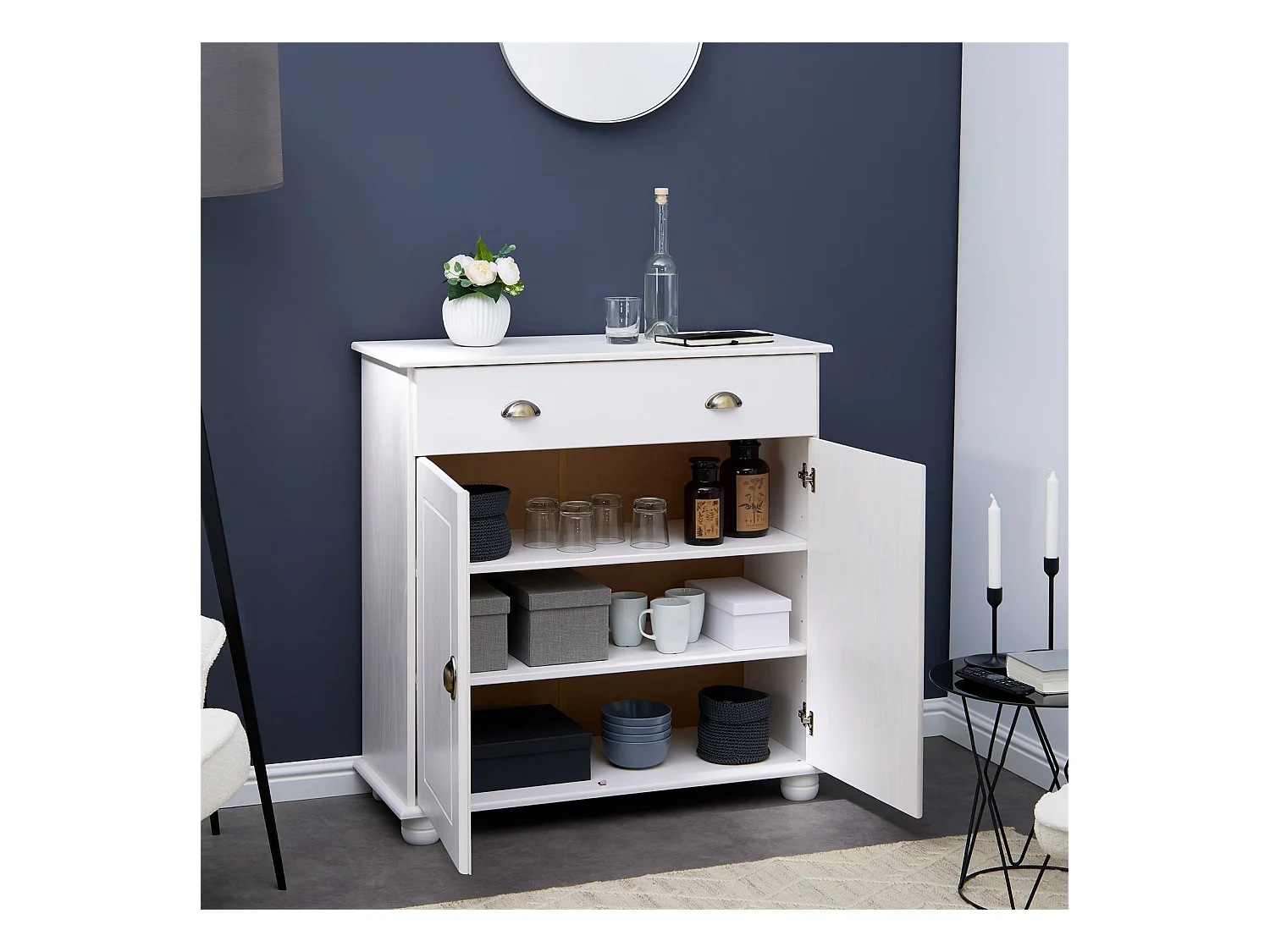 Buffet COLMAR commode bahut vaisselier meuble bas rangement avec 1 tiroir et 2 portes, en pin massif lasuré blanc