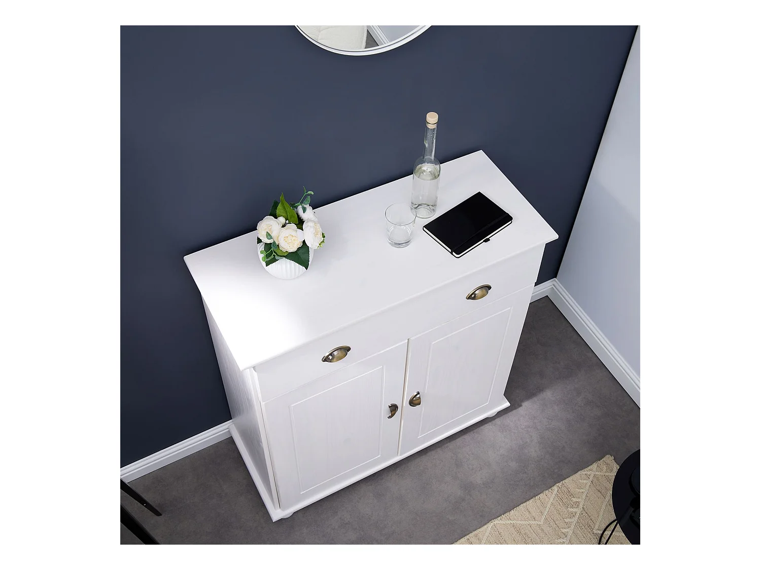 Buffet COLMAR commode bahut vaisselier meuble bas rangement avec 1 tiroir et 2 portes, en pin massif lasuré blanc