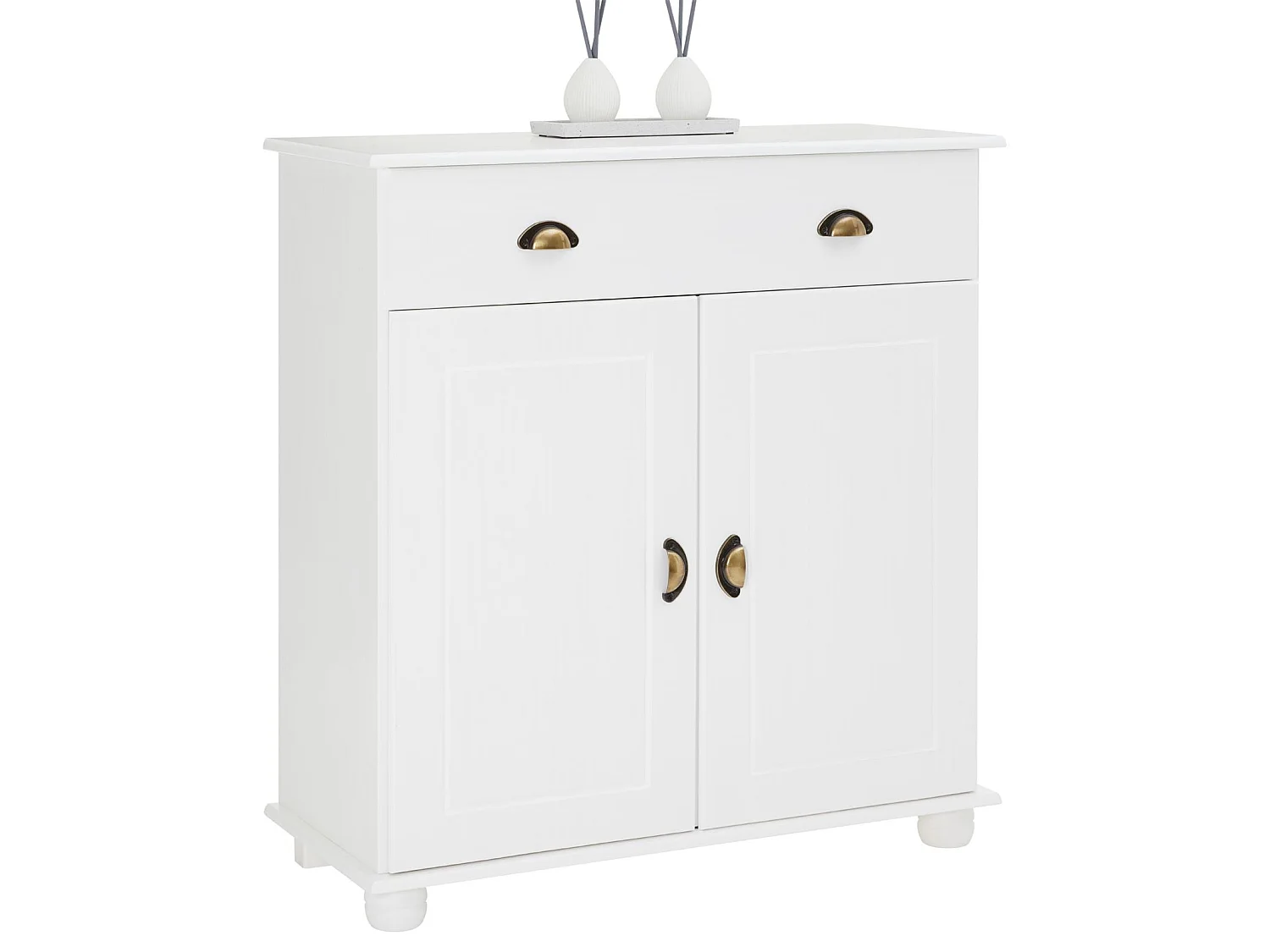 Buffet COLMAR commode bahut vaisselier meuble bas rangement avec 1 tiroir et 2 portes, en pin massif lasuré blanc