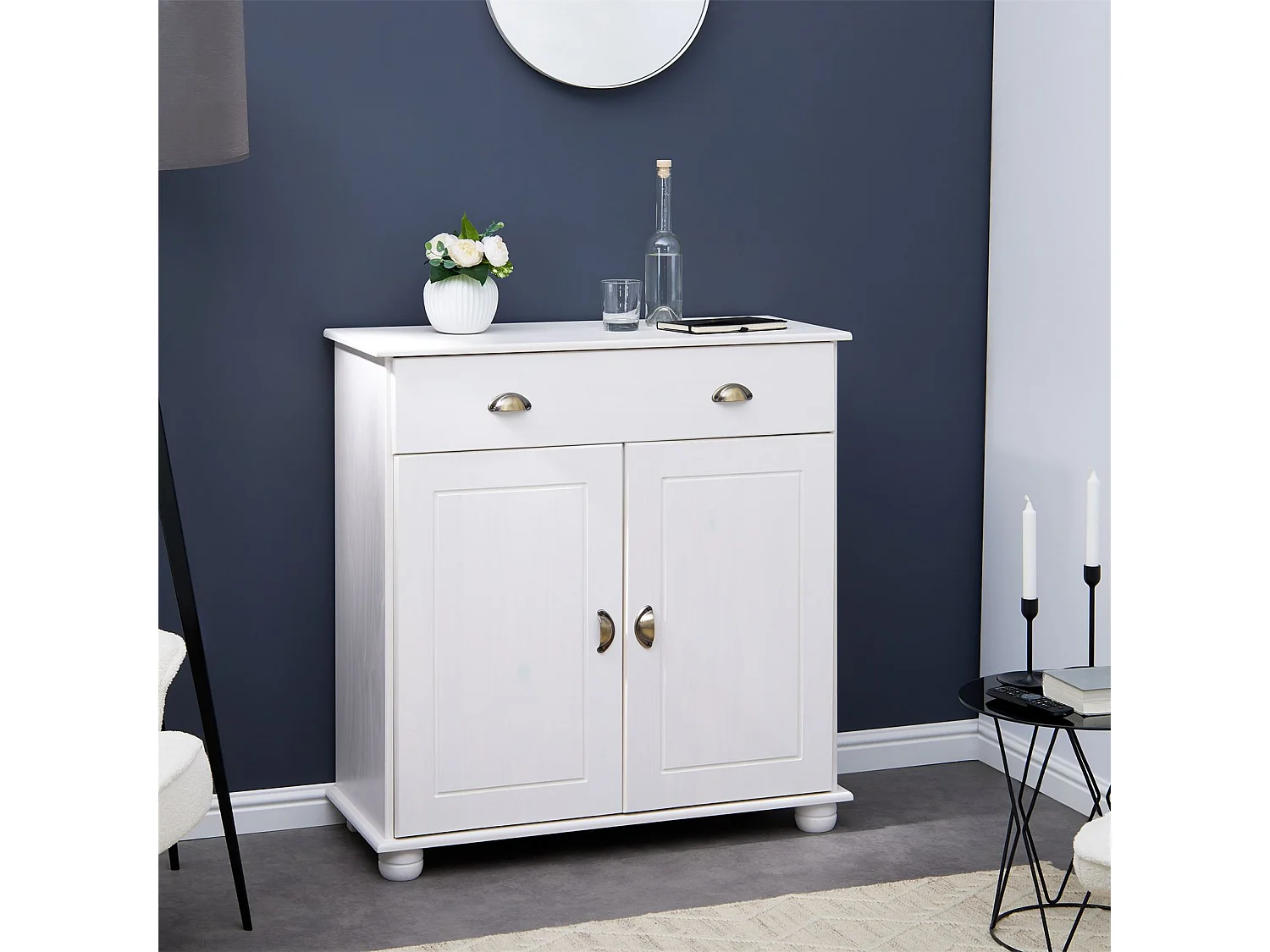 Buffet COLMAR commode bahut vaisselier meuble bas rangement avec 1 tiroir et 2 portes, en pin massif lasuré blanc