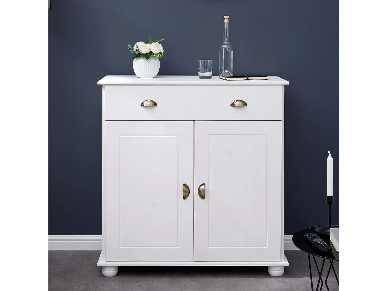 Buffet COLMAR commode bahut vaisselier meuble bas rangement avec 1 tiroir et 2 portes, en pin massif lasuré blanc