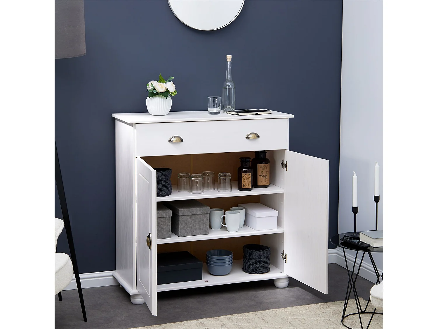 Buffet COLMAR commode bahut vaisselier meuble bas rangement avec 1 tiroir et 2 portes, en pin massif lasuré blanc