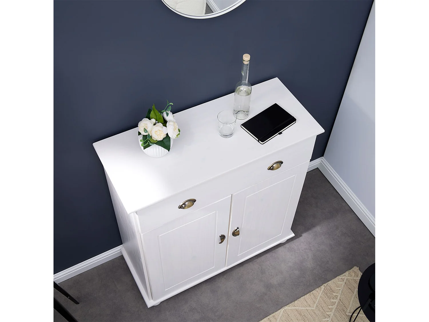 Buffet COLMAR commode bahut vaisselier meuble bas rangement avec 1 tiroir et 2 portes, en pin massif lasuré blanc