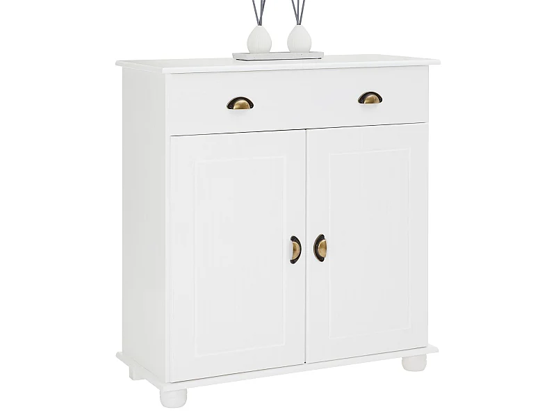 Buffet COLMAR commode bahut vaisselier meuble bas rangement avec 1 tiroir et 2 portes, en pin massif lasuré blanc