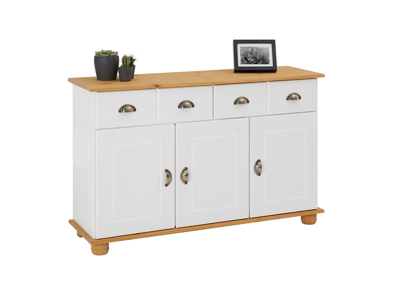 Buffet salle à manger COLMAR en bois massif L116 cm avec 3 portes battantes et 2 tiroirs spacieux, blanc et brun