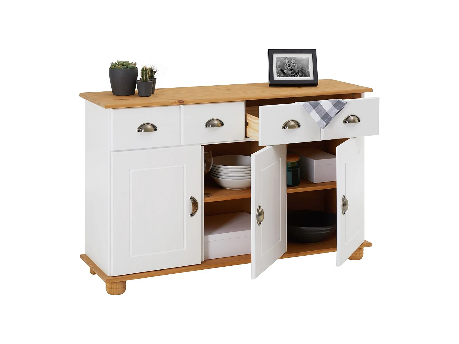 Buffet salle à manger COLMAR en bois massif L116 cm avec 3 portes battantes et 2 tiroirs spacieux, blanc et brun