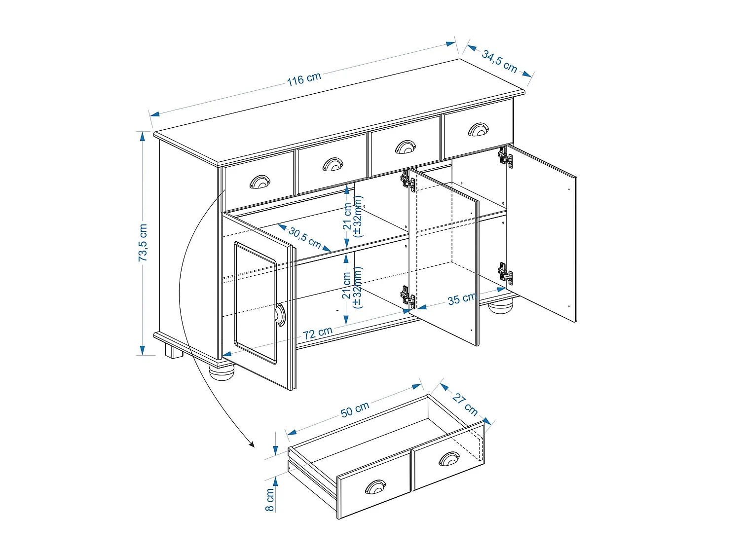 Buffet salle à manger COLMAR en bois massif L116 cm avec 3 portes battantes et 2 tiroirs spacieux, blanc et brun