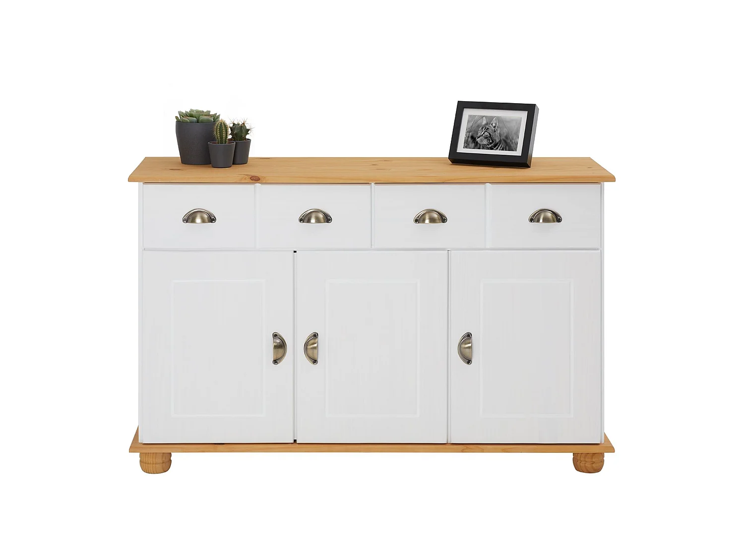 Buffet salle à manger COLMAR en bois massif L116 cm avec 3 portes battantes et 2 tiroirs spacieux, blanc et brun