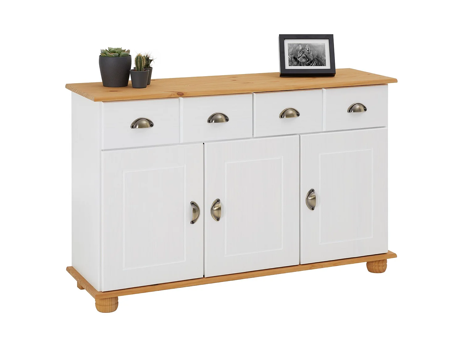 Buffet salle à manger COLMAR en bois massif L116 cm avec 3 portes battantes et 2 tiroirs spacieux, blanc et brun