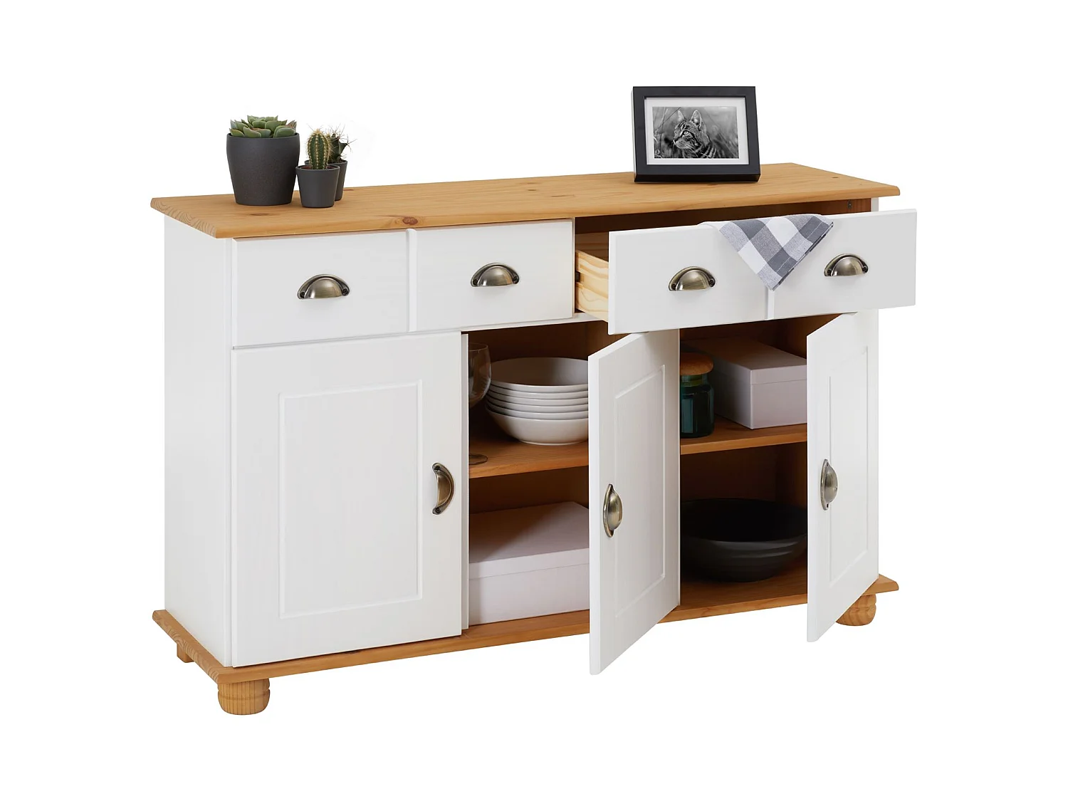 Buffet salle à manger COLMAR en bois massif L116 cm avec 3 portes battantes et 2 tiroirs spacieux, blanc et brun