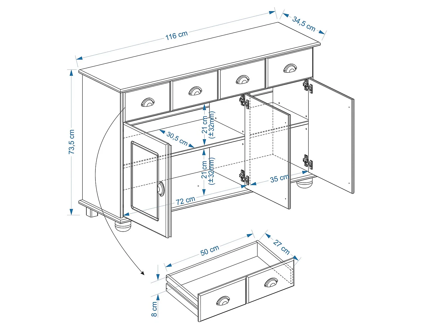 Buffet salle à manger COLMAR en bois massif L116 cm avec 3 portes battantes et 2 tiroirs spacieux, blanc et brun