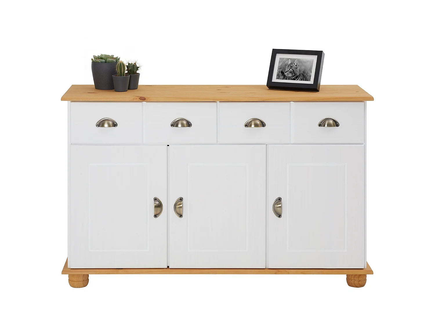 Buffet salle à manger COLMAR en bois massif L116 cm avec 3 portes battantes et 2 tiroirs spacieux, blanc et brun