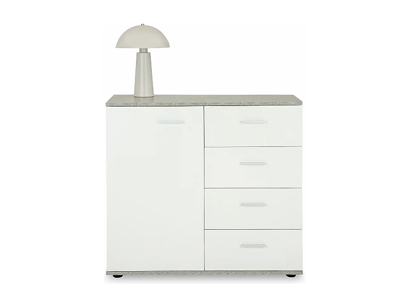 Buffet salle à manger CHICAGO L 91 cm en bois coloris béton et blanc avec 4 tiroirs et 1 porte, meuble rangement