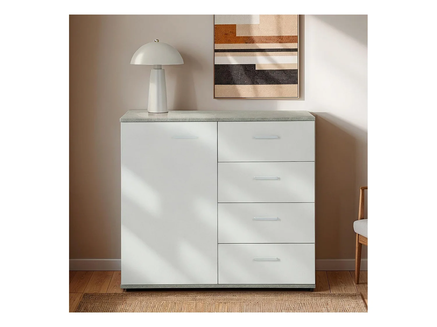 Buffet salle à manger CHICAGO L 91 cm en bois coloris béton et blanc avec 4 tiroirs et 1 porte, meuble rangement