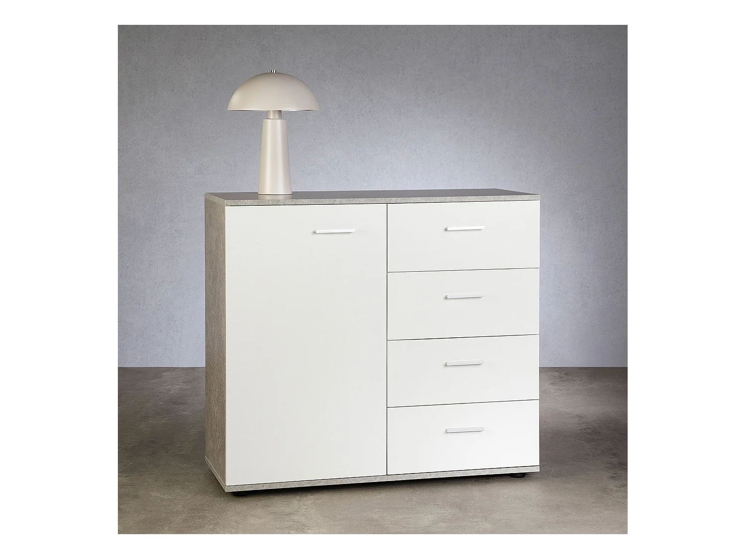 Buffet salle à manger CHICAGO L 91 cm en bois coloris béton et blanc avec 4 tiroirs et 1 porte, meuble rangement