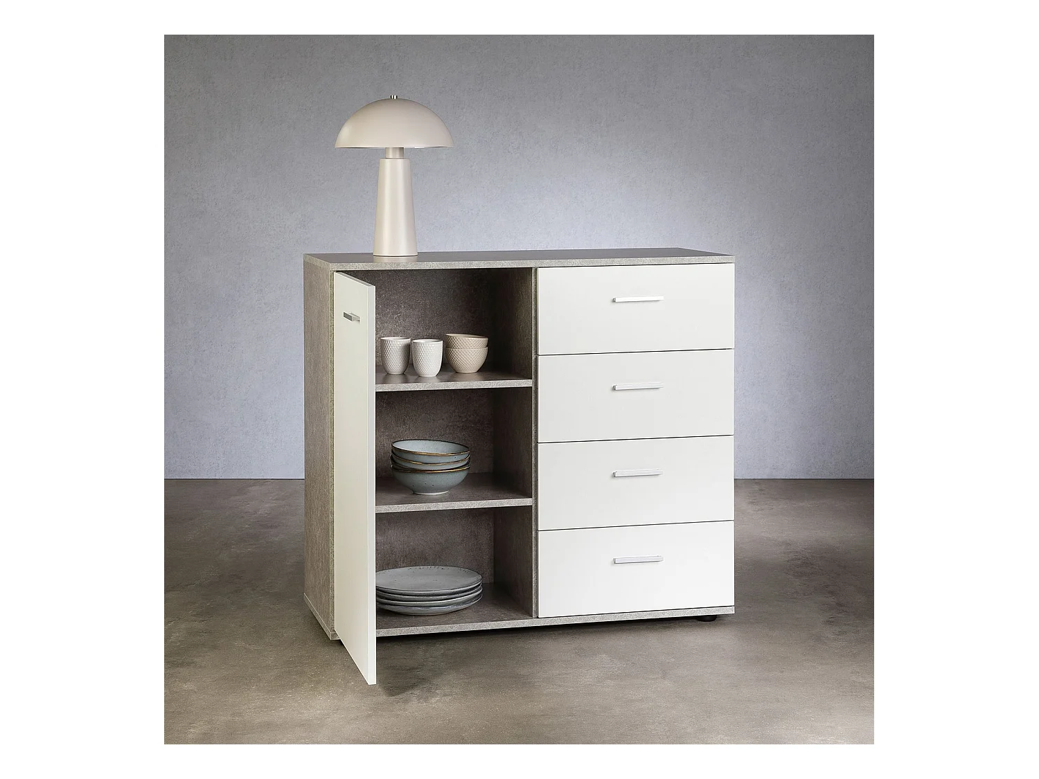 Buffet salle à manger CHICAGO L 91 cm en bois coloris béton et blanc avec 4 tiroirs et 1 porte, meuble rangement