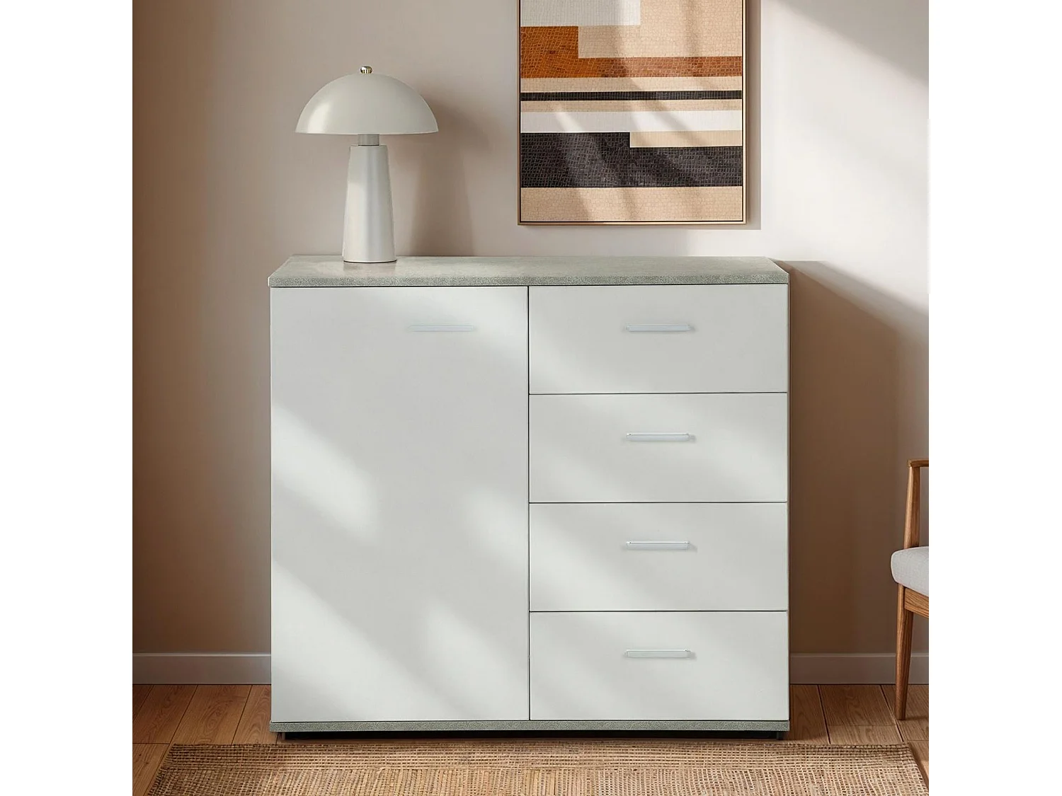 Buffet salle à manger CHICAGO L 91 cm en bois coloris béton et blanc avec 4 tiroirs et 1 porte, meuble rangement