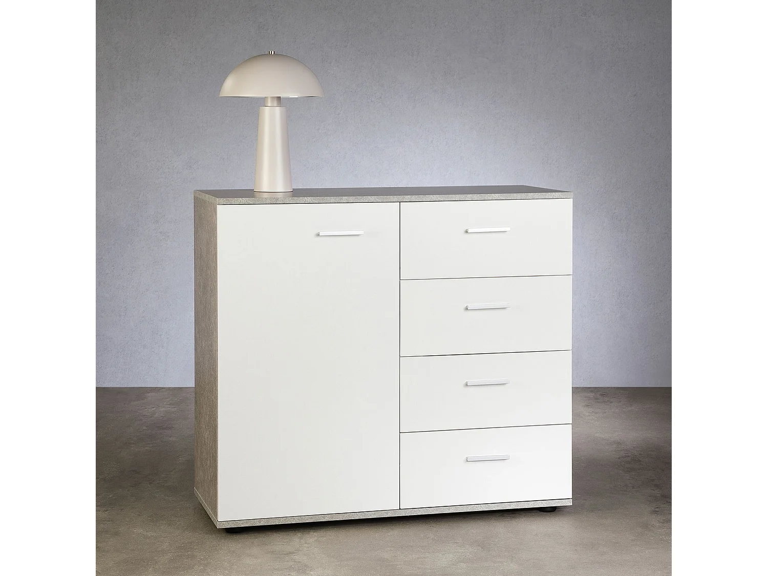 Buffet salle à manger CHICAGO L 91 cm en bois coloris béton et blanc avec 4 tiroirs et 1 porte, meuble rangement