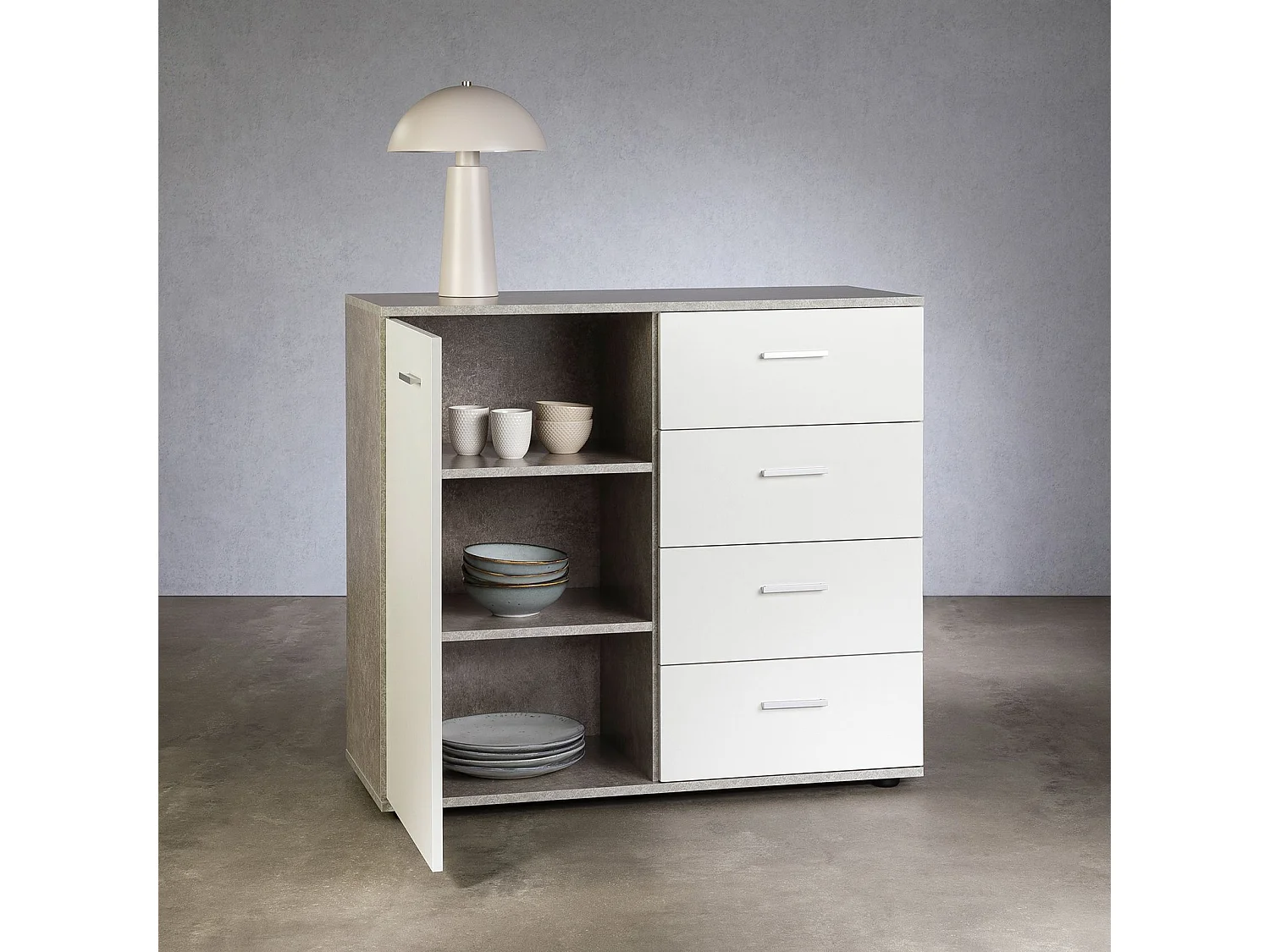 Buffet salle à manger CHICAGO L 91 cm en bois coloris béton et blanc avec 4 tiroirs et 1 porte, meuble rangement