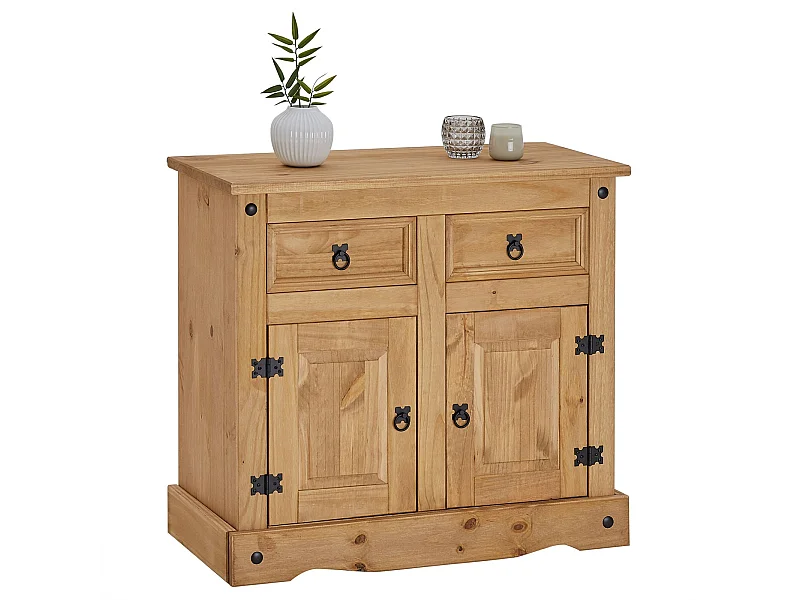Buffet SALSA commode bahut vaisselier en bois style mexicain avec 2 portes et 2 tiroirs, en pin massif finition teintée/cirée
