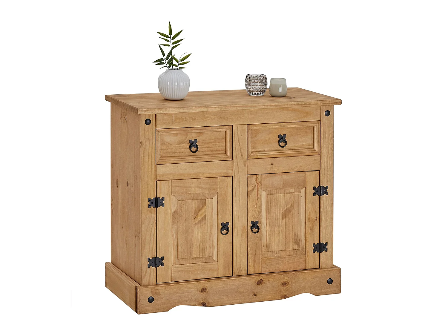 Buffet SALSA commode bahut vaisselier en bois style mexicain avec 2 portes et 2 tiroirs, en pin massif finition teintée/cirée