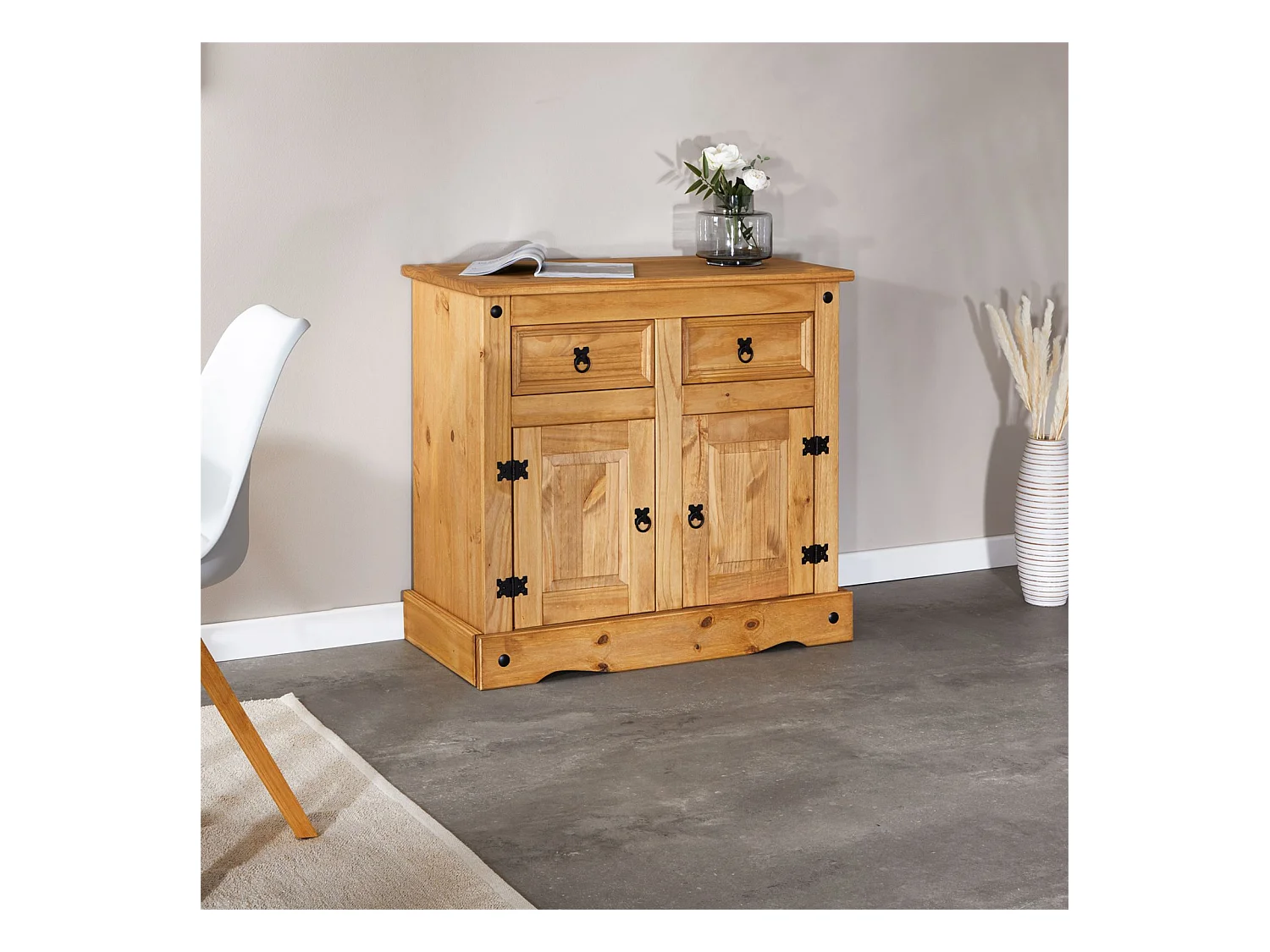 Buffet SALSA commode bahut vaisselier en bois style mexicain avec 2 portes et 2 tiroirs, en pin massif finition teintée/cirée