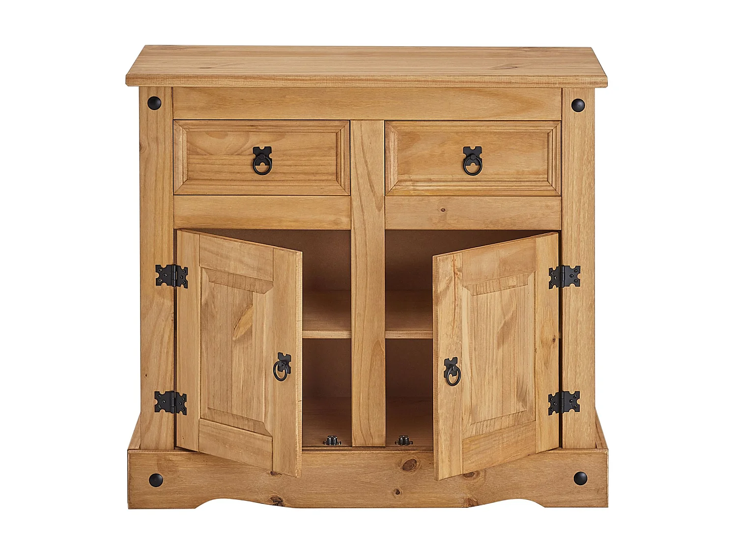 Buffet SALSA commode bahut vaisselier en bois style mexicain avec 2 portes et 2 tiroirs, en pin massif finition teintée/cirée