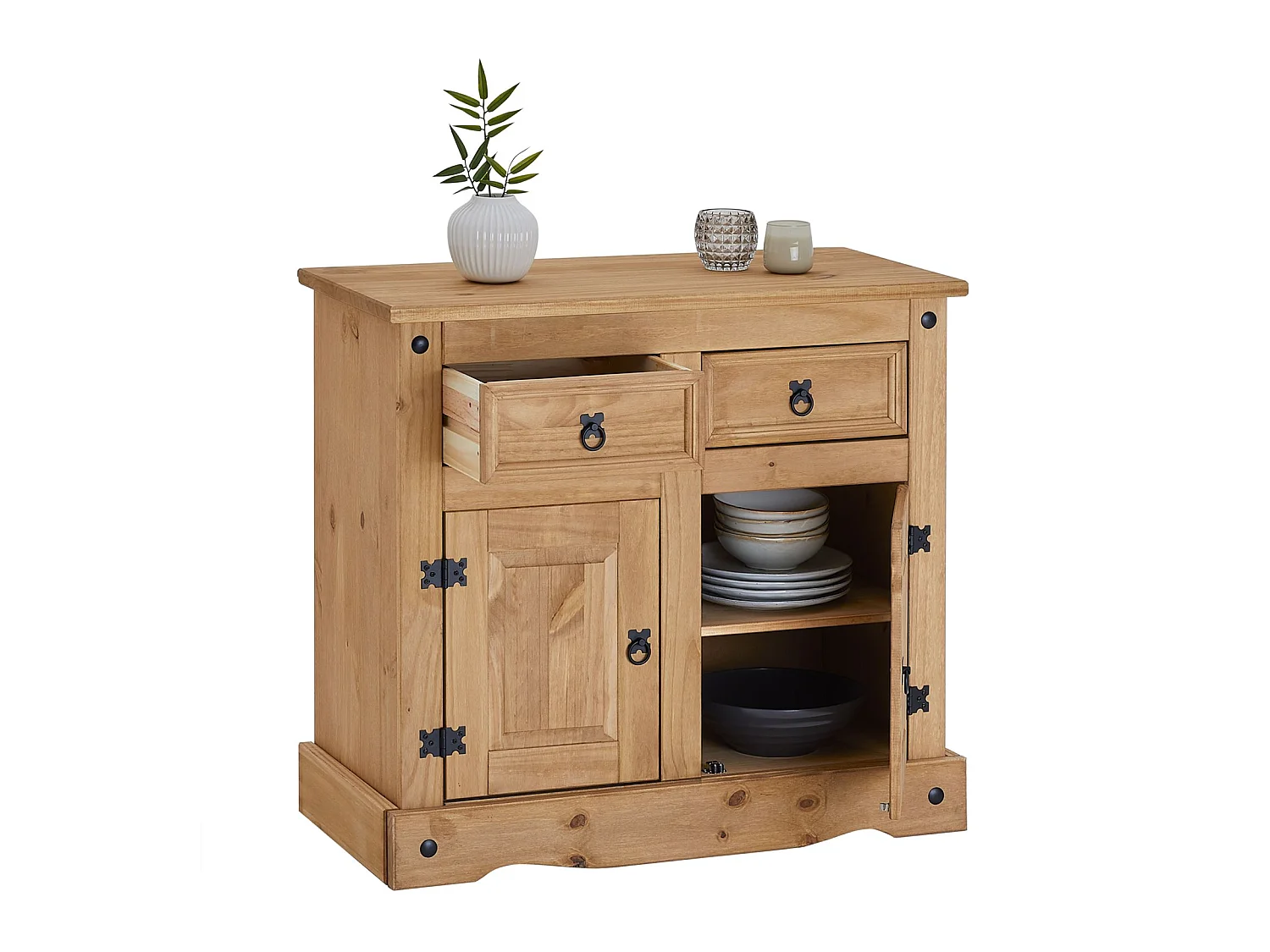 Buffet SALSA commode bahut vaisselier en bois style mexicain avec 2 portes et 2 tiroirs, en pin massif finition teintée/cirée