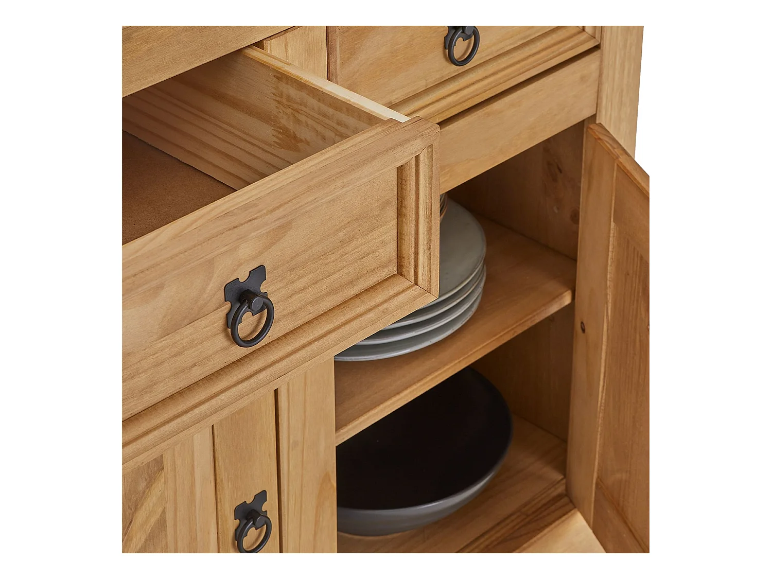 Buffet SALSA commode bahut vaisselier en bois style mexicain avec 2 portes et 2 tiroirs, en pin massif finition teintée/cirée