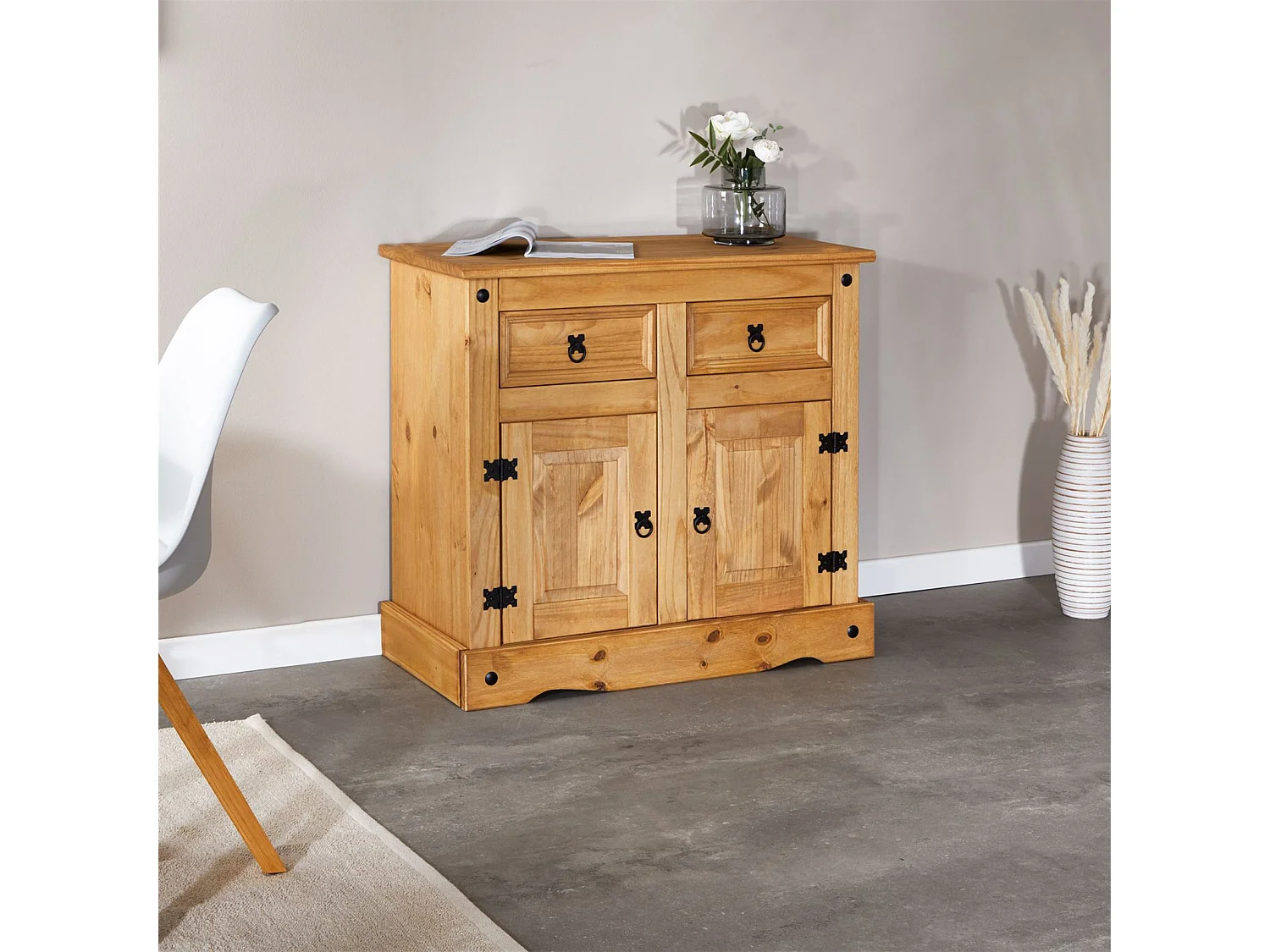 Buffet SALSA commode bahut vaisselier en bois style mexicain avec 2 portes et 2 tiroirs, en pin massif finition teintée/cirée