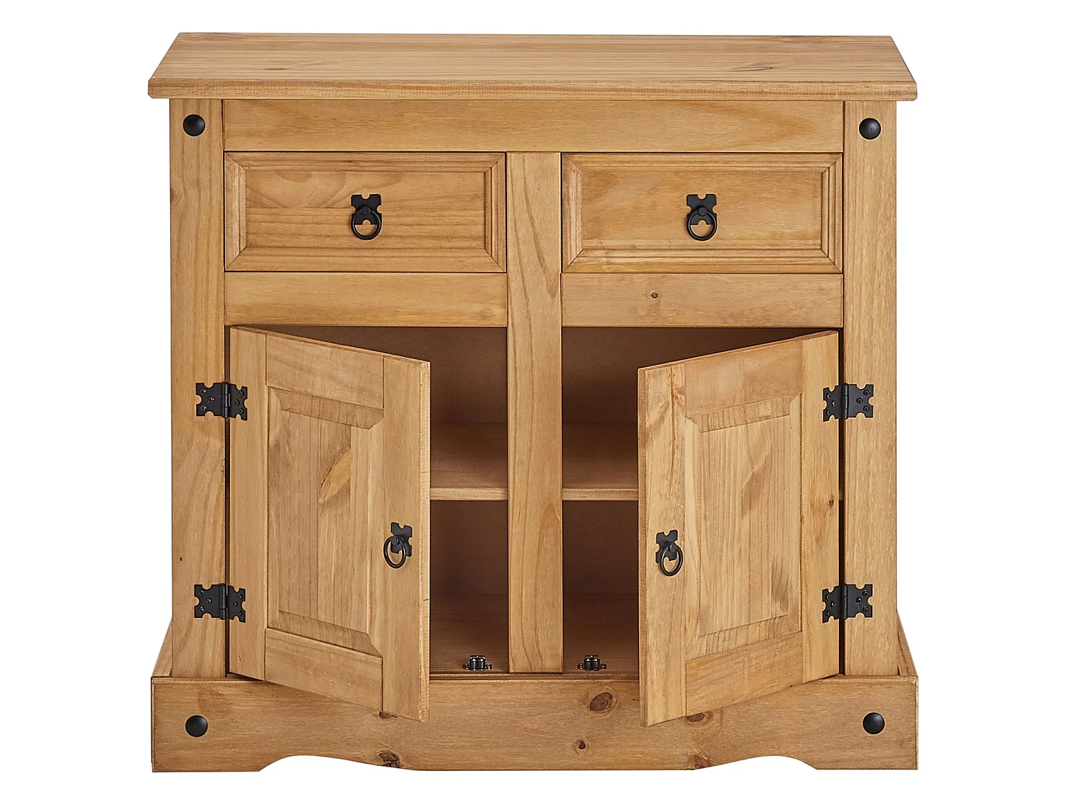 Buffet SALSA commode bahut vaisselier en bois style mexicain avec 2 portes et 2 tiroirs, en pin massif finition teintée/cirée