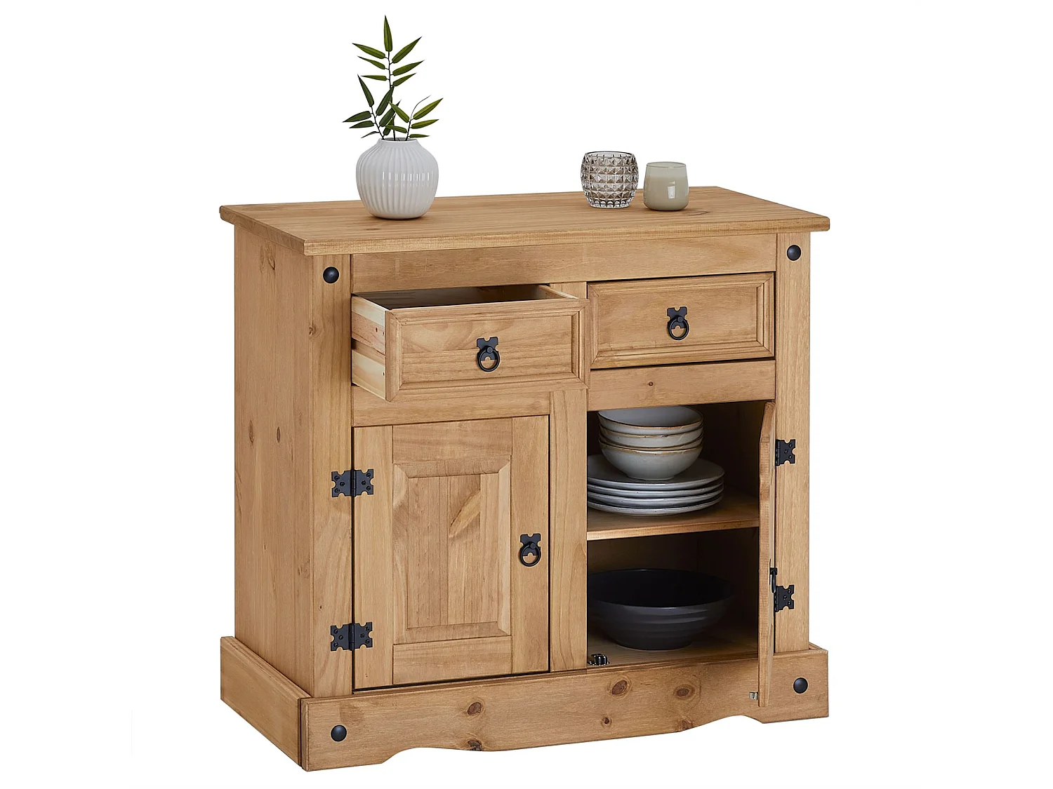 Buffet SALSA commode bahut vaisselier en bois style mexicain avec 2 portes et 2 tiroirs, en pin massif finition teintée/cirée