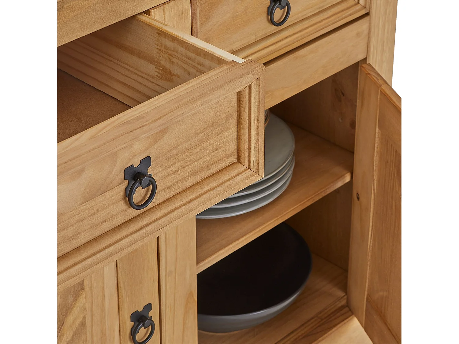 Buffet SALSA commode bahut vaisselier en bois style mexicain avec 2 portes et 2 tiroirs, en pin massif finition teintée/cirée