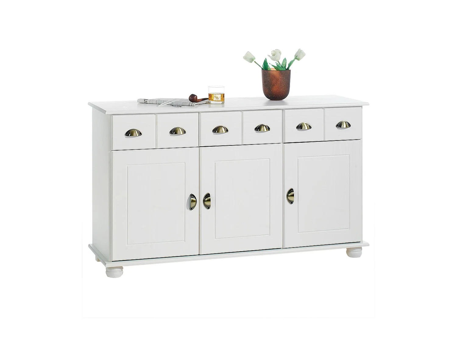 Buffet salle à manger COLMAR L 134 cm en bois massif blanc 3 tiroirs 3 portes avec 2 étagères, meuble rangement