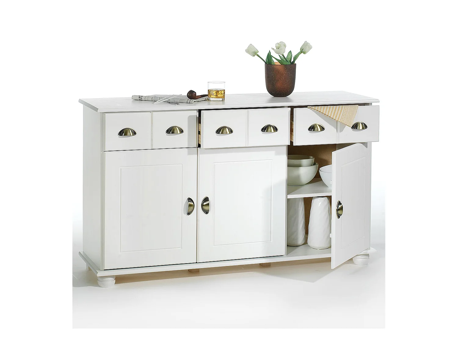 Buffet salle à manger COLMAR L 134 cm en bois massif blanc 3 tiroirs 3 portes avec 2 étagères, meuble rangement