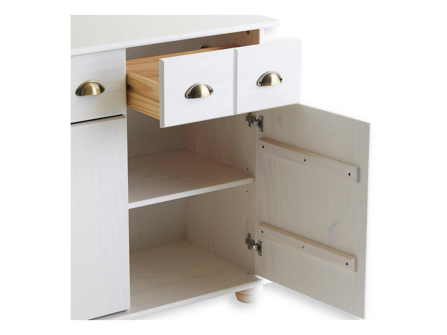 Buffet salle à manger COLMAR L 134 cm en bois massif blanc 3 tiroirs 3 portes avec 2 étagères, meuble rangement