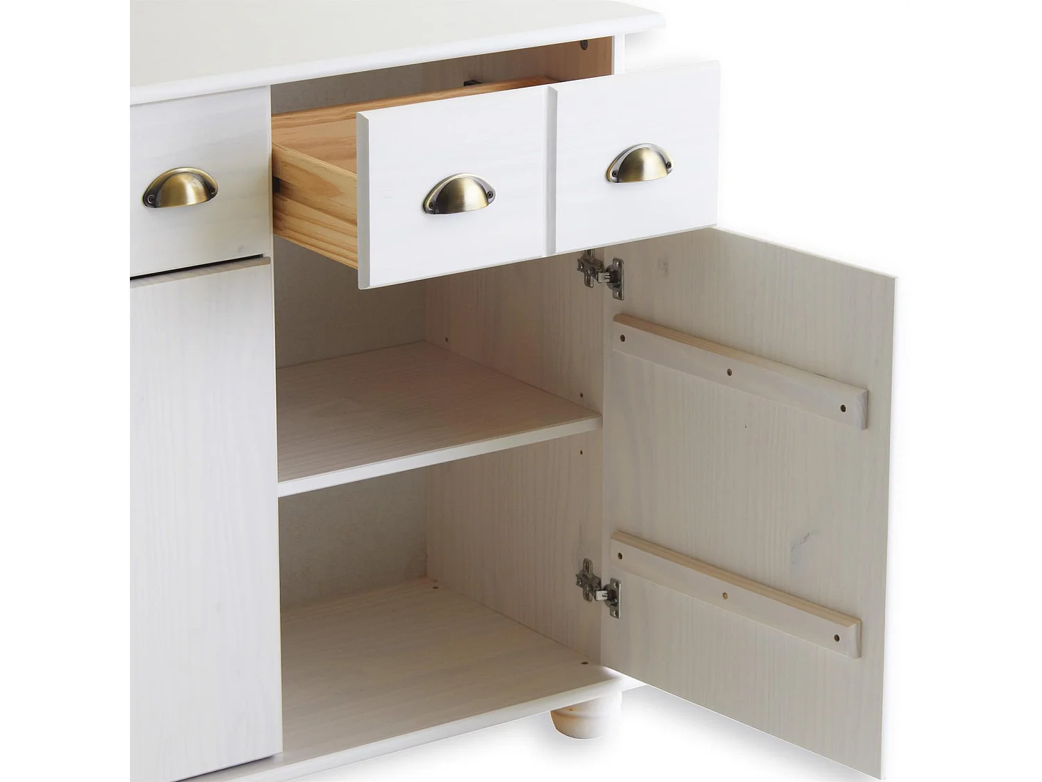 Buffet salle à manger COLMAR L 134 cm en bois massif blanc 3 tiroirs 3 portes avec 2 étagères, meuble rangement