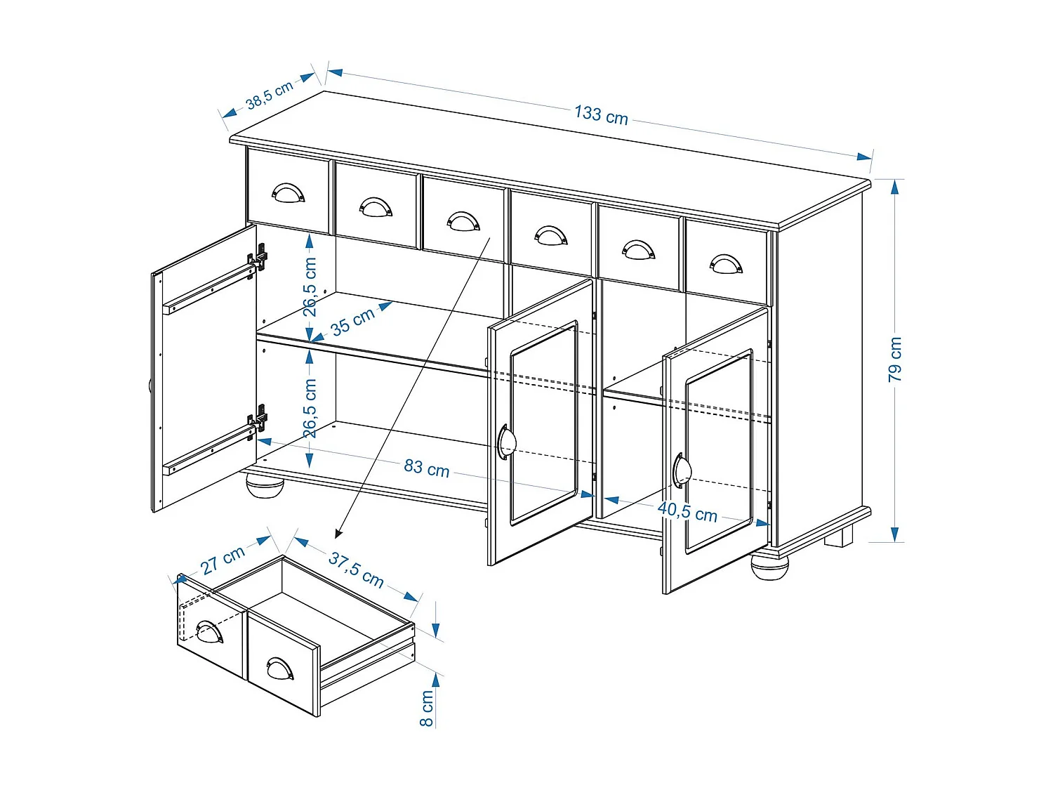 Buffet salle à manger COLMAR L 134 cm en bois massif blanc 3 tiroirs 3 portes avec 2 étagères, meuble rangement