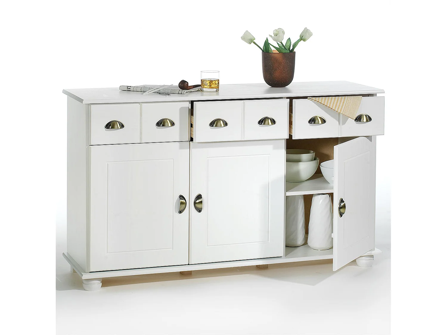 Buffet salle à manger COLMAR L 134 cm en bois massif blanc 3 tiroirs 3 portes avec 2 étagères, meuble rangement
