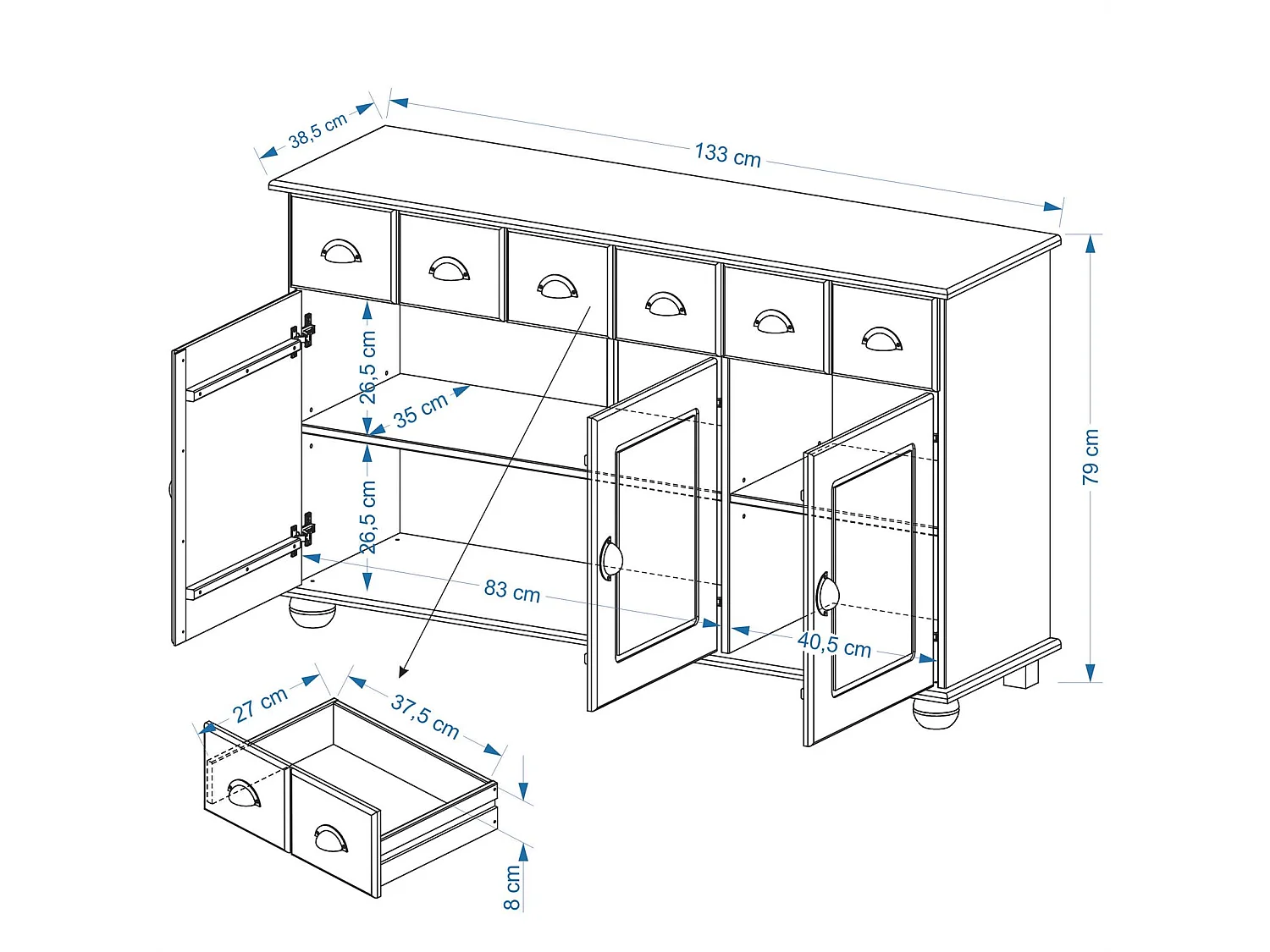 Buffet salle à manger COLMAR L 134 cm en bois massif blanc 3 tiroirs 3 portes avec 2 étagères, meuble rangement