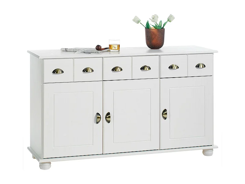 Buffet salle à manger COLMAR L 134 cm en bois massif blanc 3 tiroirs 3 portes avec 2 étagères, meuble rangement