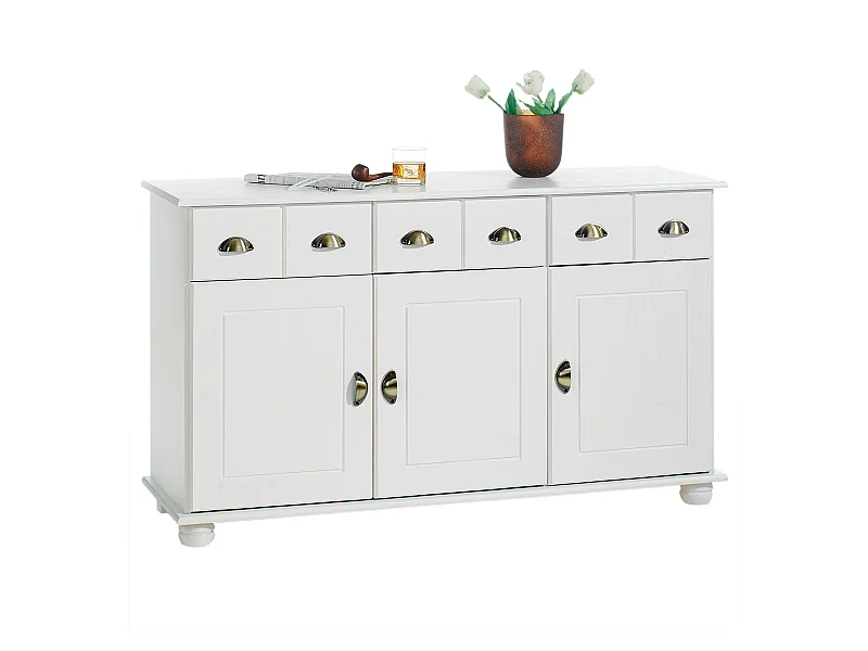 Buffet salle à manger COLMAR L 134 cm en bois massif blanc 3 tiroirs 3 portes avec 2 étagères, meuble rangement